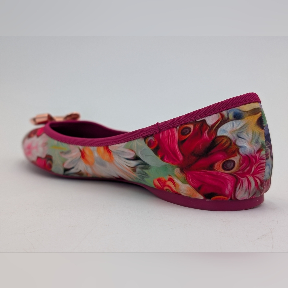 Ted Baker London IMME 2 Sz 9  Vibrant Floral Pink Ballet Flats Rosegold Bows - Picture 9 of 17